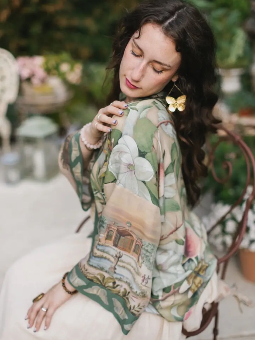 Fleur De Soleil Pixie Crop Kimono w/ Florals & Butterfly - Picture 2 of 12